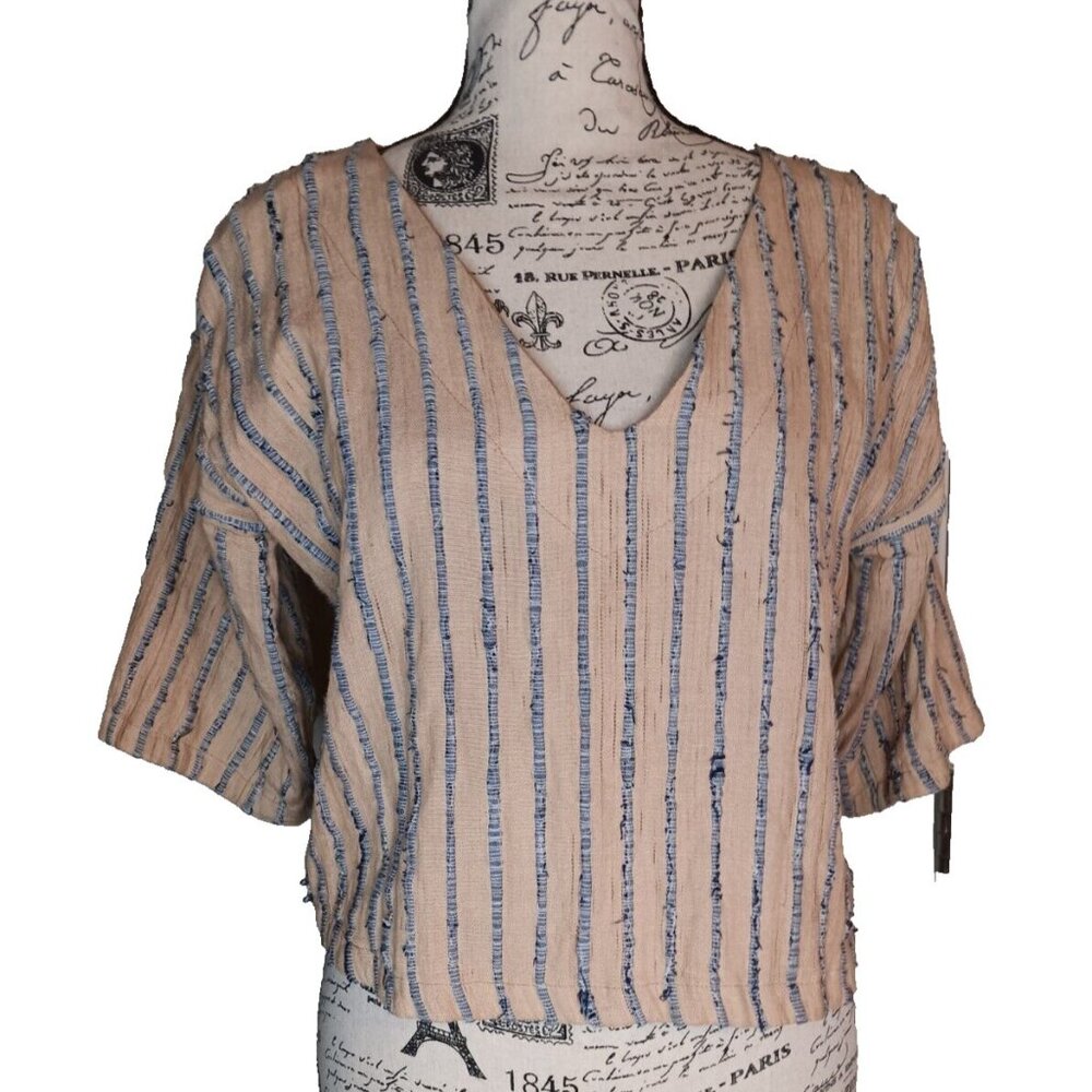 Tonle Handmade Shirt Top, Sustainable Clothing Tan Blue Stripe X-Small, XS Short